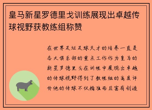 皇马新星罗德里戈训练展现出卓越传球视野获教练组称赞